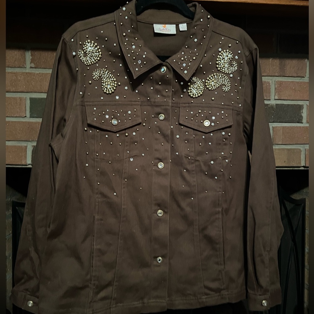 Sz L Quacker Factory Studded Pearl Gold Beaded Brown Rhinestone Buttons Jacket